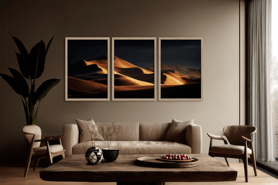 Desert Serenity – Goldenes Wüsten-Triptychon als Wandbild