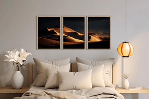 Desert dunes triptych wall art styled in a warm neutral interior
