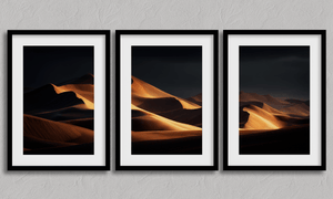 Framed golden desert dunes triptych print by Atelier Lumin