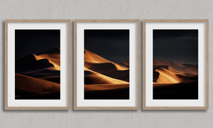 Framed golden desert dunes triptych print by Atelier Lumin