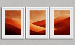 Desert Warmth – Desert Sunset Triptych Wall Art in a white frame with a mount
