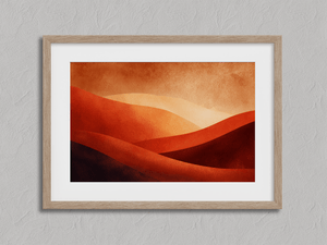 Minimalist desert wall art print in warm red orange and amber tones
