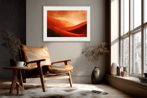 Warm desert sunset wall art styled in a calm neutral interior