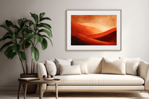 Warm desert sunset wall art styled in a calm neutral interior