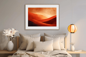 Warm desert sunset wall art styled in a calm neutral interior