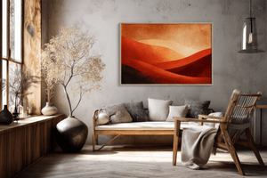 Warm desert sunset wall art styled in a calm neutral interior