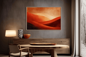 Warm desert sunset wall art styled in a calm neutral interior