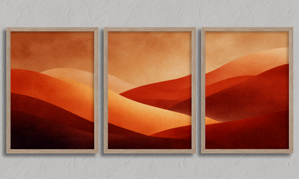 Framed desert sunset triptych wall art in warm red and amber tones. A soft, minimalist watercolour print that brings warmth and calm.