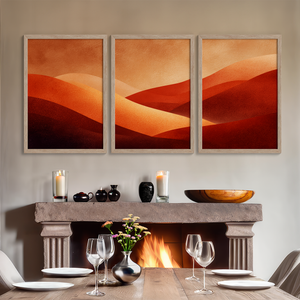 Framed desert sunset triptych wall art in warm red and amber tones. A soft, minimalist watercolour print that brings warmth and calm.