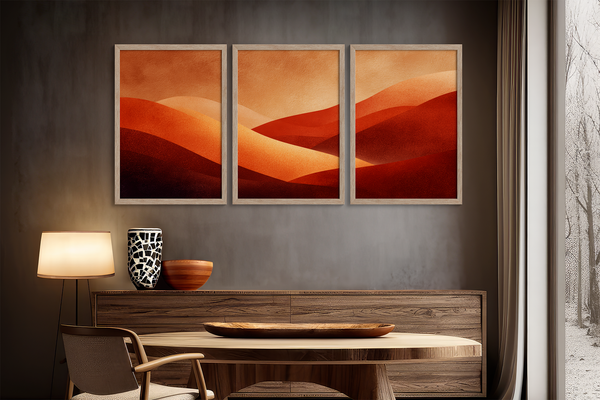 Framed desert sunset triptych wall art in warm red and amber tones. A soft, minimalist watercolour print that brings warmth and calm.