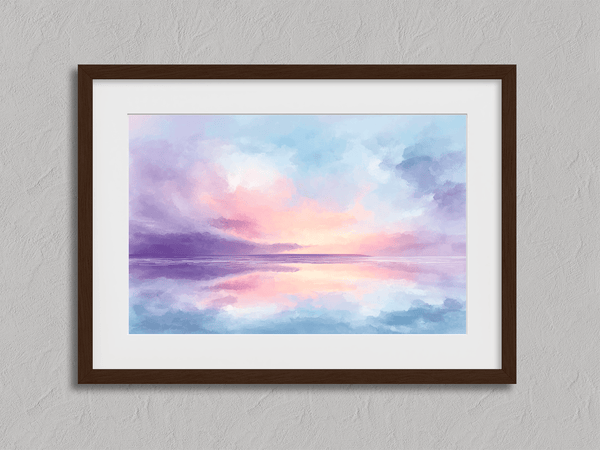 Bring softness and serenity to your home with Dreamlight Horizon, a pastel abstract sunrise fine art print in pinks, blues, and violets.