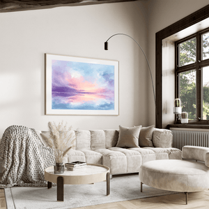Soft pastel abstract wall art styled in a calm neutral interior