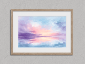 Pastel abstract wall art print with blush pink lavender and blue sunrise tones