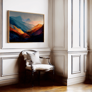Abstract mountain wall art styled in a calm contemporary interior