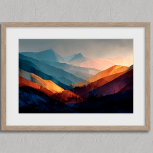 Framed wall art of layered mountains in twilight tones. Deep blues and sienna hues bring bold calm.