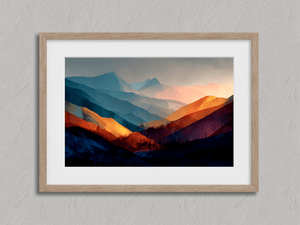 Framed abstract mountain wall art print in deep blue sienna and gold tones