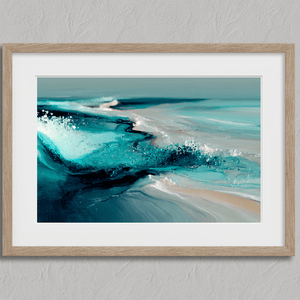 Framed wall art of abstract ocean waves in deep indigo, teal, and white. A calming coastal piece that’s ready to hang.