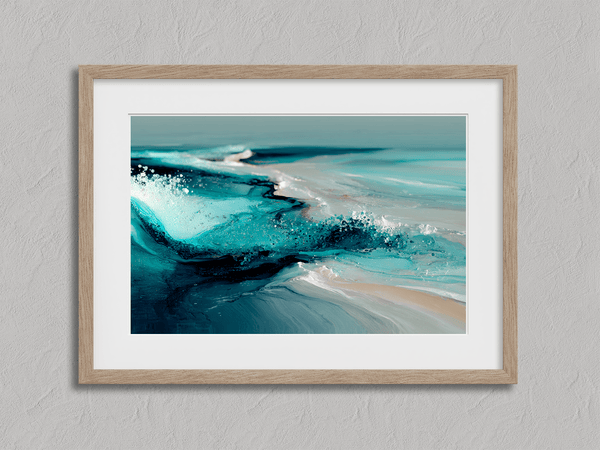 Framed wall art of abstract ocean waves in deep indigo, teal, and white. A calming coastal piece that’s ready to hang.