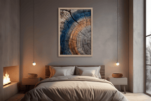 Tree ring texture wall art styled in a calm neutral interior