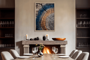 Tree ring texture wall art styled in a calm neutral interior