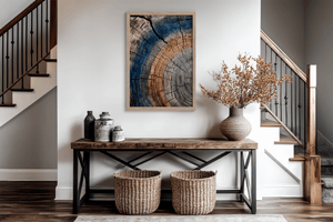 Tree ring texture wall art styled in a calm neutral interior