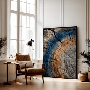 Tree ring texture wall art styled in a calm neutral interior