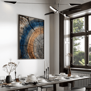 Tree ring texture wall art styled in a calm neutral interior
