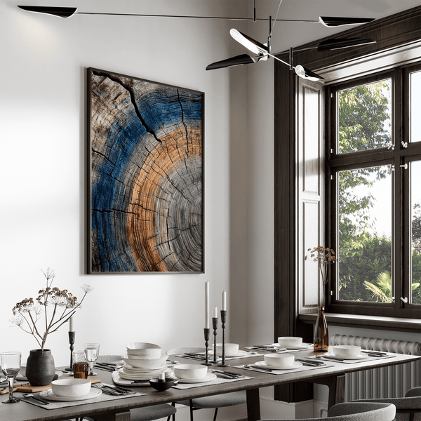 Framed fine art print of tree ring textures in warm browns and cool blues. A striking, timeless piece of nature-inspired wall art.