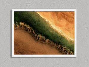 Edge of the Oasis – Aerial Desert Landscape Wall Art Print in a white frame, no mount