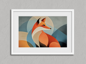 Ember Fox – Geometric Fox Wall Art Print in a white frame with a mount