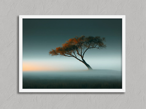 Ember in the Mist – Lone Autumn Tree Wall Art Print in a white frame, no mount