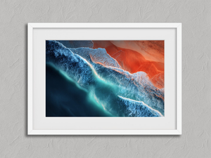 Ember Tide – Aerial Coastal Wall Art Print in a white frame with a mount