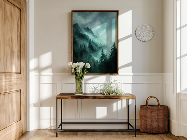 Framed wall art of a mystical mountain scene in emerald and teal hues. A tranquil, enchanting landscape print. Ready to hang.