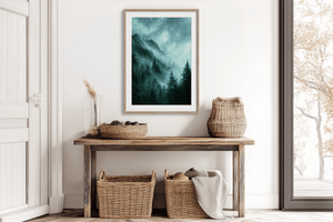 Emerald mountain wall art print styled in a calm neutral interior