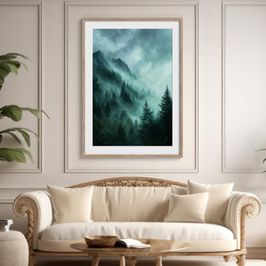 Framed wall art of a mystical mountain scene in emerald and teal hues. A tranquil, enchanting landscape print. Ready to hang.
