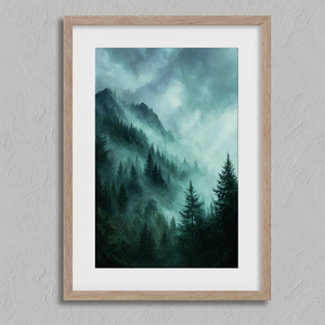 Framed wall art of a mystical mountain scene in emerald and teal hues. A tranquil, enchanting landscape print. Ready to hang.