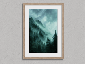 Framed emerald mountain wall art print with misty evergreens and teal tones
