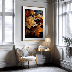 Autumn maple leaves wall art styled in a calm neutral interior