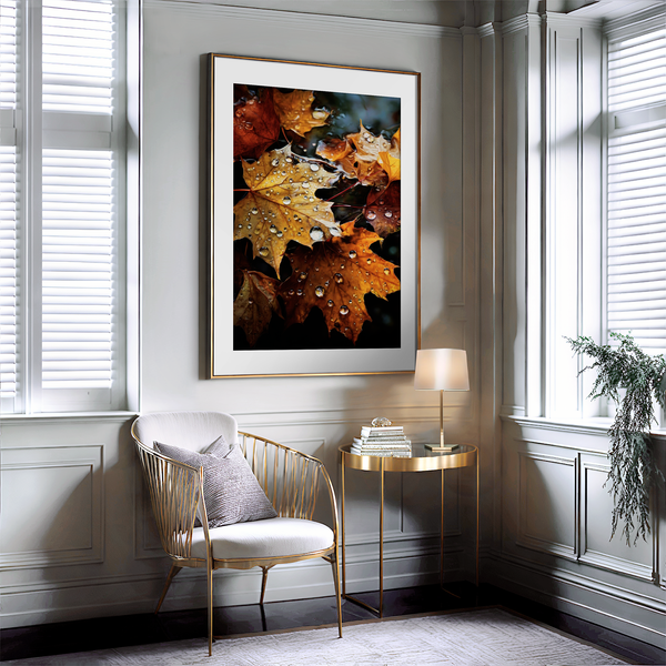 Framed wall art of crimson, amber, and sienna maple leaves with glistening droplets. A radiant autumn foliage print. Ready to hang.