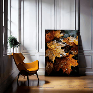 Autumn maple leaves wall art styled in a calm neutral interior