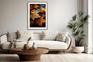 Autumn maple leaves wall art styled in a calm neutral interior