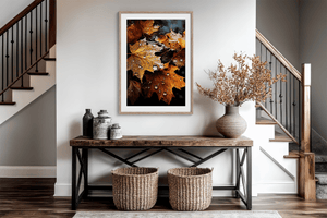 Autumn maple leaves wall art styled in a calm neutral interior