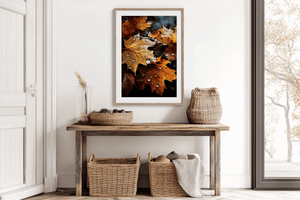 Autumn maple leaves wall art styled in a calm neutral interior