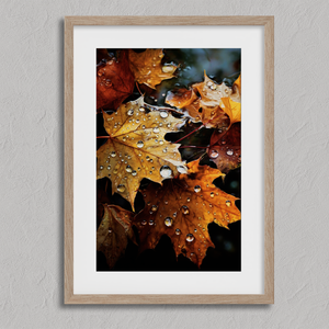 Framed wall art of crimson, amber, and sienna maple leaves with glistening droplets. A radiant autumn foliage print. Ready to hang.
