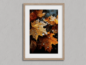 Framed autumn maple leaves wall art print in crimson sienna and amber tones