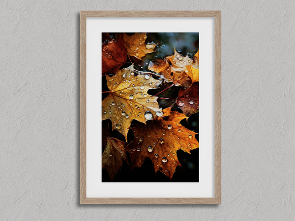 Framed wall art of crimson, amber, and sienna maple leaves with glistening droplets. A radiant autumn foliage print. Ready to hang.
