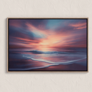 Canvas wall art of a tranquil beach at sunset in warm orange, pink, and purple tones. A calming golden hour print, ready to hang.