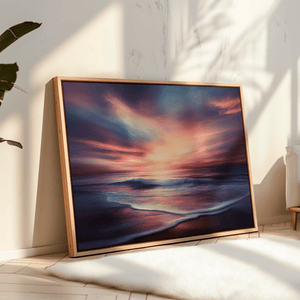 Beach sunset canvas wall art styled in a calm coastal interior