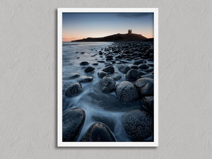 Ethereal Dawn – Castle Sunrise Ocean Wall Art Print in a white frame, no mount