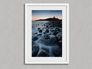 Ethereal Dawn – Castle Sunrise Ocean Wall Art Print in a white frame with a mount